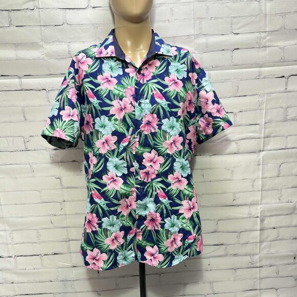 Men's Hawaiian Floral Button-Up Shirt – Navy with Parrots & Hibiscus | Size XL - Picture 2 of 7